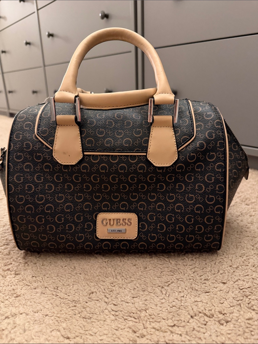 GUESS Brown Logo Monogram Satchel Handbag Beige Top Handle